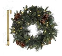 MeisterHome ® Corona de Navidad artificial para puerta Ø 60 cm - Corona navideña para puerta para interior y exterior con 50 LEDs, temporizador y decoración de conos y bayas de pino + Colgante dorado