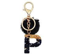 Meitesti Lucky - Llavero de 26 letras con iniciales, llavero de bola de felpa negra, colgante de letra de resina, regalo para mujeres y niñas, Pelota de felpa negra Letter-p, M