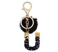 Meitesti Lucky - Llavero de 26 letras con iniciales, llavero de bola de felpa negra, colgante de letra de resina, regalo para mujeres y niñas, Pelota de felpa negra Letter-u, M