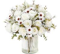 MEIVINES Flores Artificiales 4 Piezas Ramo de Seda de Rosas y Margaritas Artificiales Flores Artificiales Decoracion para Boda, Hogar, Mesa, Fiesta (Blanco, 4PCS)