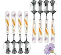 MEIYAHOME Cuchara de postre SUS304 de acero inoxidable 18-10 con acabado de espejo con diseño pastoral de trigo y aciano, con mango de cerámica blanca para comidas diarias, alojamiento (8)