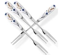 MEIYAHOME SUS304 - Tenedores de frutas de acero inoxidable 18-10 de 14,5 cm con mango de cerámica blanca, bordes lisos pulidos espejados, tenedor de postre con patrón de gavilla de trigo azul aciano