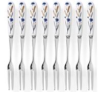 MEIYAHOME SUS304 - Tenedores de frutas de acero inoxidable 18-10 de 14,5 cm con mango de cerámica blanca, bordes lisos pulidos espejados, tenedor de postre con patrón de gavilla de trigo azul aciano