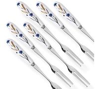 MEIYAHOME SUS304 - Tenedores de frutas de acero inoxidable 18-10 de 14,5 cm con mango de cerámica blanca, bordes lisos pulidos espejados, tenedor de postre con patrón de gavilla de trigo azul aciano