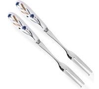 MEIYAHOME SUS304 - Tenedores de frutas de acero inoxidable 18-10 de 14,5 cm con mango de cerámica blanca, bordes lisos pulidos espejados, tenedor de postre con patrón de gavilla de trigo azul aciano