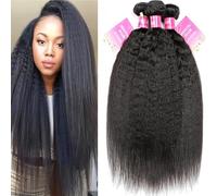 MeiYou 3 paquetes de cabello humano Yaki lacio tipo afro 12A, sin procesar, extensiones de cabello humano virgen brasileño Remy cosidas, color negro natural (18, 20, 22)