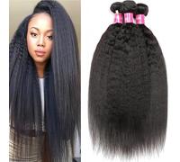MeiYou 3 paquetes de cabello humano Yaki lacio tipo afro 12A, sin procesar, extensiones de cabello virgen brasileño Remy cosidas, color negro natural (12, 14, 16)