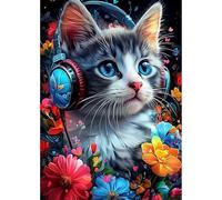 MEIYUDA 5D Diamond Painting Kit Completo Gato en la música, Pintura Diamante Flores, Diamond Painting Regalo Niños, Manualidades Adultos Para Decoración De Pared Del Hogar 30x40cm