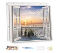 MEIYUDA Pintar por Numeros Adultos con Marco Ventana Falsa, DIY Painting by Numbers Kits Cuadros por Numeros Amanecer, Pintura de Bricolaje Sobre Lienzo con Pinceles Decoración para el Hogar 40x30cm