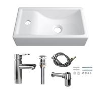 MEJE 41 x 23 x 10 cm Mini Lavabo para montaje en pared, cerámica, pequeño, agujero para grifo izquierdo, con grifo y kit de drenaje