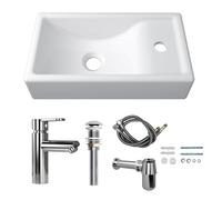 MEJE 41 x 23 x 10 cm Mini Lavabo para montaje en pared, cerámica, pequeño, orificio para grifo derecho, con grifo y kit de drenaje