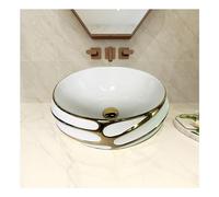 MEJE 44 x 38 x 17.5 cm Fregadero en relieve con diseño dorado,Fregadero de baño sobre encimera, cerámica Art Basin (incluye desagüe automático)