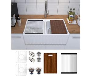 MEJE 83,8 x 50,8 cm double cuve, évier de cooking de ferme à rebord avant en céramique, con planche à découper, grille et passoire - blanc