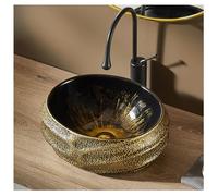 MEJE Fregadero ovalado de baño 45 x 40 cm, diseño antiguo, lavabo artístico sobre encimera, cerámica porcelana dorado vintage (incluye drenaje desplegable)