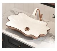 MEJE Lavabo de baño único de 24 pulgadas con forma de flor de loto, lavabo de cerámica de porcelana sobre encimera, lavabo artístico, oro rosa (incluye drenaje desplegable)