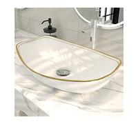 MEJE lavabo de encimera Ovalado con Borde Dorado de Lujo de 56 cm, Fregadero de baño sobre encimera, Fregadero de tocador con Recipiente de cerámica de Porcelana, Lavabo artístico