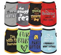 Mejora el armario de temporada de tu mascota con un estilo juguetón: un juego de 8 piezas de camisas para perros con divertidos patrones impresos, asegurando una comodidad aireada durante todo el