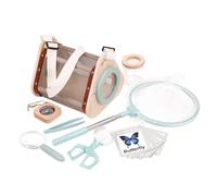 Mekalero Pequeño recinto de mariposa con red colectora y hábitat de madera de 20 cm de alto para actividades de jardín, lupa de mosca para niños