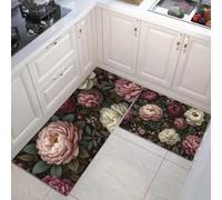 Melancolía Retro Alfombrillas De Cocina Antideslizantes, Púrpura Juego De 2 Piezas Flores Peonía Alfombras De Cocina Suaves para Pasillo Comedor Entrada - 43x75+43x150cm