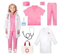Meland Disfraz de médico para niñas, uniforme médico con bata de laboratorio y bolsa de transporte, disfraz de médico para Halloween, juego de rol del día de la carrera (rosa, 9-10 años)