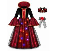 MELAND Disfraz de vampiro para niños, disfraz de Halloween para niñas de 4 | Disfraces de Halloween iluminados con cuello rojo, gargantilla de encaje y pinza de mano de esqueleto