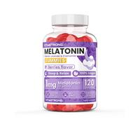 Melatonina Vegan Vitastrong en Gomitas, 120 Gomitas de 1 Mg (1 por Día, Suministro para 4 Meses), Sin Sacarosa, Sin Gluten, Sabor a Frutas Rojas, con Valeriana, Lavanda, Manzanilla y Vitamina B6