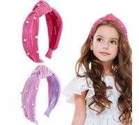 Melbelia Diademas anudadas para niñas, antideslizantes, diadema de perlas para niños, diadema ancha con nudo superior para mamá y yo, accesorios para el cabello para mujer (rojo rosa y morado, 2
