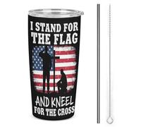 Melbrakin Defiendo la bandera y arrodíllate ante la cruz, vaso de acero inoxidable aislado de 20 oz, taza de viaje al vacío de doble pared con tapa de popote para hombres y mujeres, regalos de café