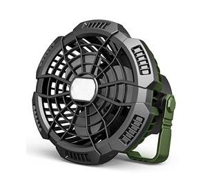 Melchioni Family | Ventilador de Camping Portátil Recargable, Batería 5200 mah, Luz LED, 3 Brillos, 3 Velocidades, 10 cm de Diámetro, Gancho para colgar y Mando a Distancia, Rotación 180