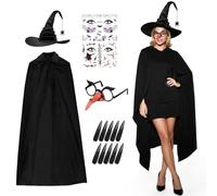 Meleager - Disfraz de bruja para Halloween, disfraz, 6 piezas, 150 cm, color negro con sombrero de bruja, uñas largas, gafas, pegatinas faciales, adecuado para Halloween, carnaval, cosplay