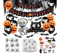 Meleager Halloween Decoracion Casa, Adornos Fiestas Halloween Miedo con Globos, Tela Negra, Telarañas, Arañas Falsos, Murciélagos 3D, Pancartas y Foto Props, para Interior, Exterior, Jardín