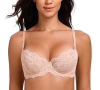 MELENECA Sujetador Balconette para Mujer Encaje Sexy Push Up Tallas Grandes Transparente con Aros y Sin Forro Beige 110C