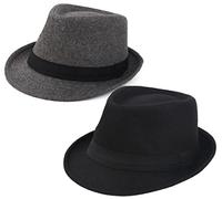Melesh Sombrero Fedora Trilby clásico unisex, Negro+Gris, 7-7 3/8