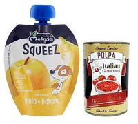 Melinda Mela Banana Squeez 100% fruta, puré de manzana y plátano, fruta para exprimir, 90 g + lata italiana gourmet Polpa di Pomodoro de 400 g