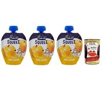 Melinda Passata di Mela Golden Squeez 100% fruta, puré de manzana dorada, fruta para exprimir, 90 g + lata italiana gourmet Polpa di Pomodoro de 400 g