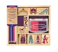 Melissa & Doug Sellos de princesa, Juguete creativo para niños o niñas de 3,4,5,6,7 años, Juego de sellos de madera, 9 sellos, 2 almohadillas de tinta 5 lapices de colores