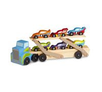 Melissa & Doug Mega Remolque de Auto de Carreras, Juguete de Madera, Remolque de Plataforma Doble con 6 Autos Únicos de Carreras