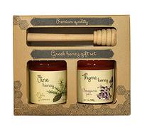 Melissokomiki Dodecanese Set de Miel con Cucharón - Tomillo & Pino | Set regalo premium de Rodas: miel cruda de tomillo (130g) y pino (130g) con cucharón - natural y artesanal