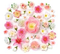 MELLIEX 44 Piezas Cabezas de Flores Artificiales Decoracion, 16 Tipos Flores de Tela Pequeñas de 1,7-9 cm para Manualidades DIY Bodas (Rosa y Blanco)