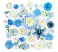 MELLIEX 44 Piezas Cabezas de Flores Artificiales Decoracion, 16 Tipos Flores de Tela Pequeñas de 1,7-9 cm para Manualidades DIY Bodas (Azul y Blanco)
