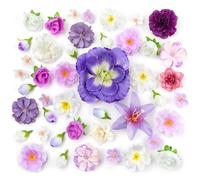 MELLIEX 44 Piezas Cabezas de Flores Artificiales Decoracion, 16 Tipos Flores de Tela Pequeñas de 1,7-9 cm para Manualidades DIY Bodas (Morado y Blanco)