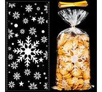 MELLIEX 50pcs Navidad Bolsas Galletas de Copo de Nieve, 20x10cm Bolsa de Celofán Navideños Pequeña Bolsa de Caramelos de Copo de Nieve con 50 Lazos Retorcidos