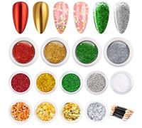 MELLIEX Kit Polvo para Uñas, 4 Polvo de Uñas de Cromo, 5 Purpurinas Polvo, 4 Nail Art Foil con 8 Piezas Palos de Sombra de Ojos para Manicura y Diseños de Uñas