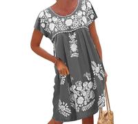Melliflo Vestido Mexicano para Mujer, Manga Corta, Bordado Floral, Vestido de Fiesta, Vestido Suelto de Lino, Vestidos Campesinos, Gris, M