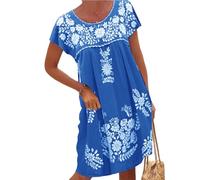 Melliflo Vestido Mexicano para Mujer, Manga Corta, Bordado Floral, Vestido de Fiesta, Vestido Suelto de Lino, Vestidos Campesinos, Azul, XXL