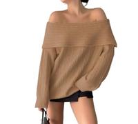 Melliflos Womens Off The Shoulder Sweater ibbed Knit Fold Over SweaterTop Casual Long Sleeve Pullover Knit Top (X-Large,Khaki)