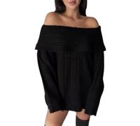Melliflos Womens Off The Shoulder Sweater ibbed Knit Fold Over SweaterTop Casual Long Sleeve Pullover Knit Top (X-Large,Black)
