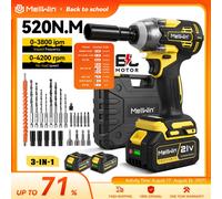 MELLWIN Taladro Eléctrico Multifunción Sin Escobillas 520N·m, Juego 3 en 1 con Llave de Impacto y Atornillador, Herramienta Eléctrica Compatible con Batería Makita de 18V Without Battery