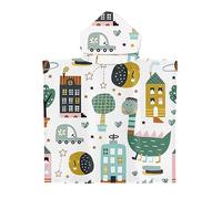mellystore Toalla de Baño con Capucha de Niños Poncho Toalla Niño 65 x 75cm Toalla Playa Niño de Microfibra Toalla Infantil con Capucha para Niñas Niños Natación Playa Ducha(Dinosaurios y Casas)