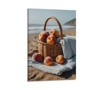 Melocotones en la cesta en la playa, arte de pared, impresión realista, póster de frutas, cuadro de lienzo fresco, decoración de verano para sala de estar, póster decorativo, lienzo de pared e